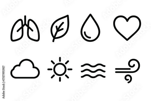 Breathing Icons Line Art. Breathing Essentials linear icon set: lungs, leaf, water drop, heart, cloud, sun, wave, air swirl.