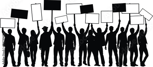 Silhouettes of diverse crowd protesting holding blank placards and signs vector illustration
