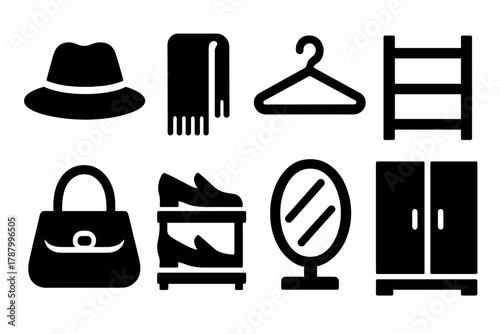 Brutalist Fashion Icons. Fashion Closet Collection silhouette icon set: hat, scarf, coat hanger, shelf, purse, shoe rack, mirror, wardrobe.