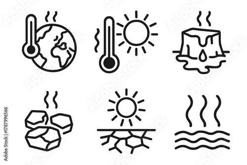 Global Warming Icons. Planet Heat linear icon set: earth globe, rising thermometer, sun rays, melting ice, drought land, heat waves.