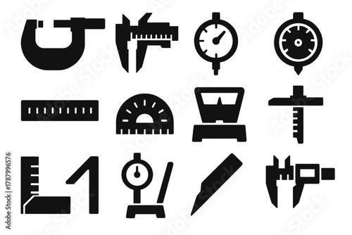 Brutalist Measuring Tools Icons. Precision Measuring Tools silhouette icon set: micrometer, vernier caliper, dial indicator, gauge, ruler, protractor, scale, depth gauge, square,