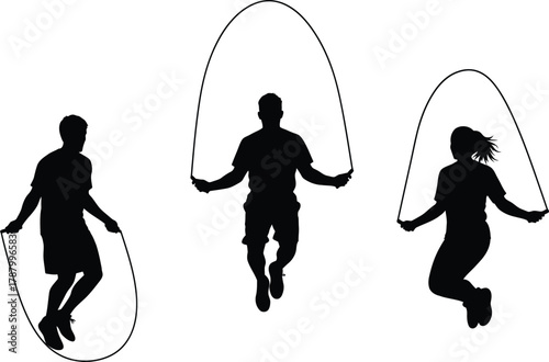 Jump Rope Silhouettes Set Fitness Workout Activity Cardio Exercise Routine Vector Illustration Black and White