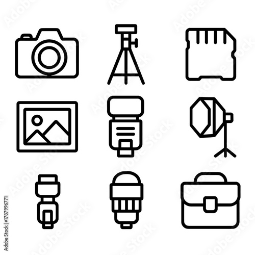 Photography Gear Icons. Photography Essentials linear icon set: camera, tripod, lens, memory card, flash, photo frame, light, bag.