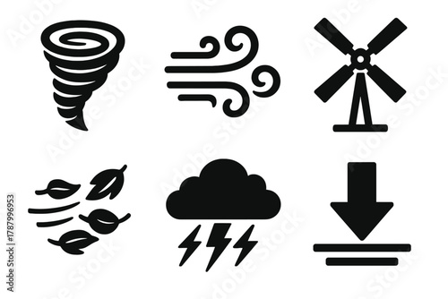 Brutalist Wind Icons. Wind Forces silhouette icon set: tornado swirl, gust lines, windmill, flying leaves, storm cloud, pressure arrow.