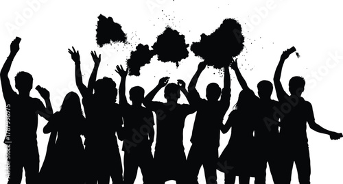 Silhouettes of celebrating people throwing powder explosion vector illustration