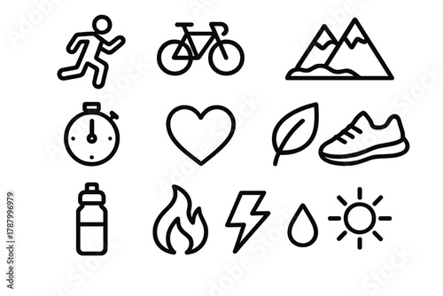 Endurance Icons Collection. Outdoor Endurance linear icon set: runner, bicycle, mountain, stopwatch, heart, leaf, water bottle, flame, shoe, sun, energy bolt, sweat drop.