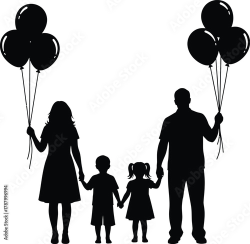 Family silhouette with parents and two children holding hands and balloons Black vector illustration of togetherness and celebration
