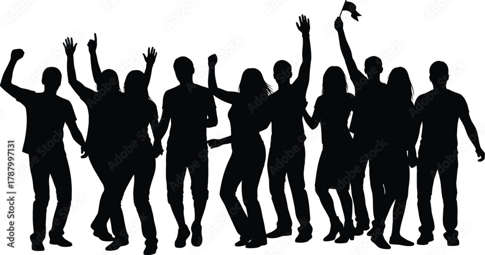 Fototapeta premium Cheering Crowd Silhouettes Dancing and Celebrating at Concert or Party Vector Graphic