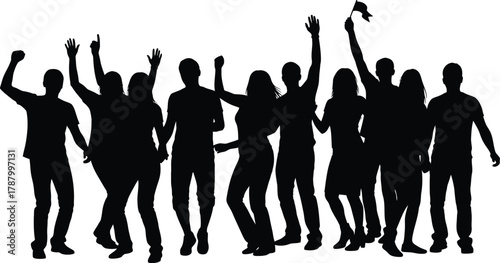 Cheering Crowd Silhouettes Dancing and Celebrating at Concert or Party Vector Graphic