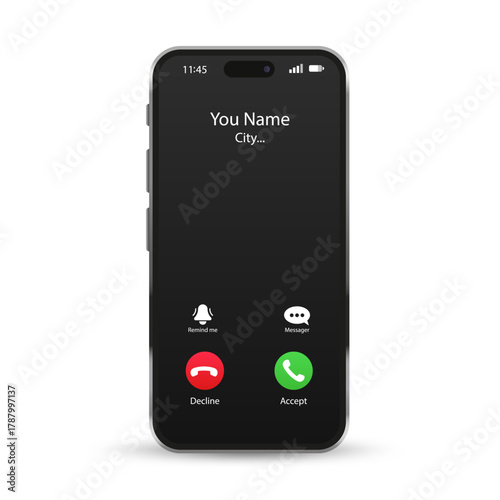Incoming call phone app on a screen. Smartphone with call in screen. Accept button, Reject button. Incoming call. Call screen template. Vector illustration