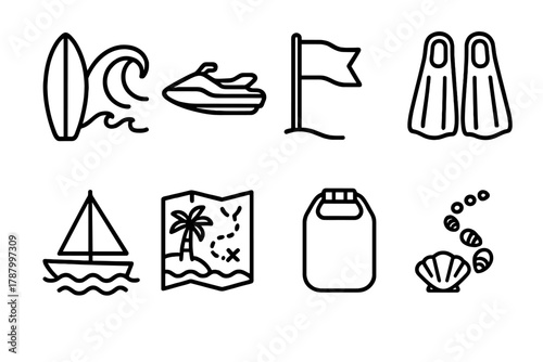 Beach Adventure Icons. Beach Adventure linear icon set: surfboard wave, jet ski, beach flag, snorkel fins, sailboat, beach map, waterproof bag, shell path.