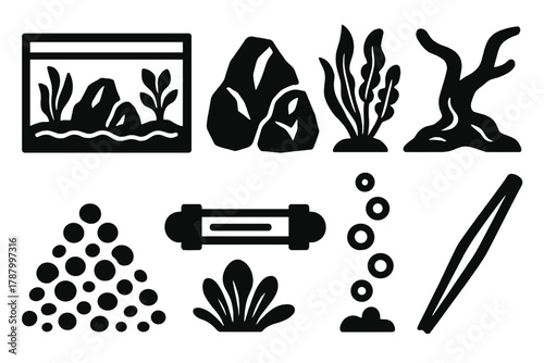 Bold Aquascaping Icons. Aquascaping Collection silhouette icon set: tank, rocks, plants, driftwood, gravel, light, bubble stream, tool.