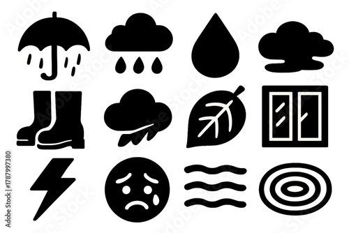 Brutalist Rain Icons. Rainy Sadness silhouette icon set: umbrella, rain cloud, droplet, puddle, boots, gray sky, wet leaf, closed window, lightning, tear face, fog line, water