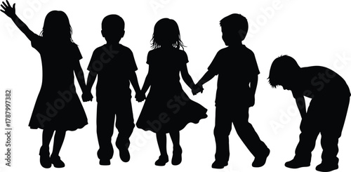 Group of five children silhouettes holding hands kids waving and bending over black and white vector graphic element