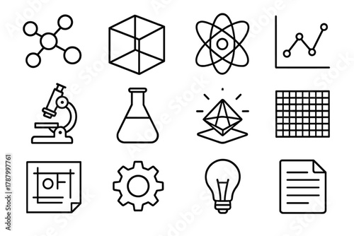 Scientific Innovation Icons. Scientific Modeling linear icon set: molecular model, 3D cube, atom, graph chart, microscope, lab flask, hologram, data grid, blueprint, gear, light