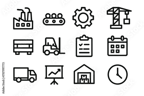 Industrial Icons Overview. Industrial Operations linear icon set: factory, conveyor belt, gear, crane, pallet, forklift, clipboard, calendar, truck, chart, warehouse, clock.