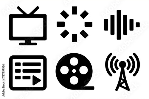 Bold Streaming Icons. Streaming Media silhouette icon set: TV screen, buffering symbol, audio wave, playlist icon, movie reel, broadcast antenna.