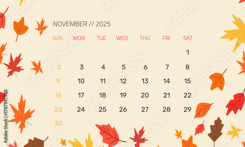 November 2025 calendar with falling leaves vector flat design