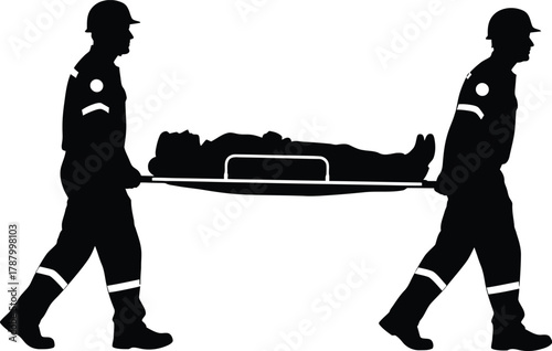 Black Silhouette of Rescue Workers Carrying Injured Person on Stretcher First Aid Emergency Transport Vector Graphic