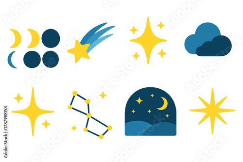 Vibrant Night Symbols. Midnight Sky Symbols flat icons: moon phases, shooting comet, glowing stars, cloud drift, sparkle beam, constellation map, night horizon, radiant star