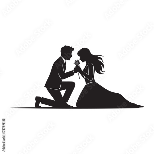 Romantic proposal silhouette with flower, love and commitment