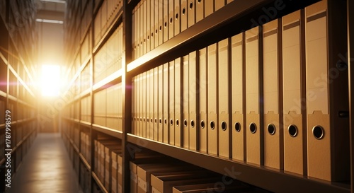 Rows of organized binders and files illuminated by a bright light source, suggesting storage, archives, and information management