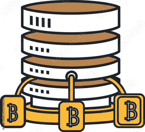 Vector art of a database server secured with bitcoins