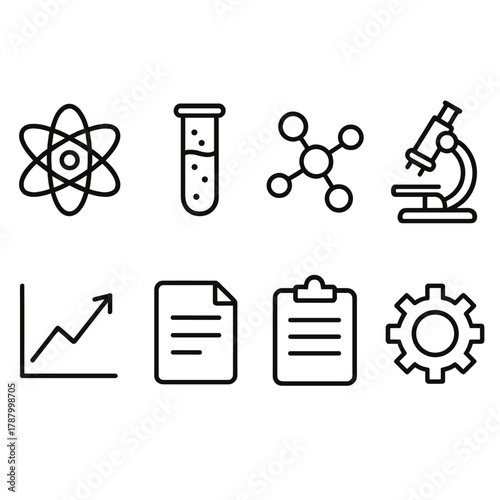 Science Icons Collection. Scientific Foundations linear icon set: atom, test tube, molecule, microscope, chart, document, clipboard, gear.