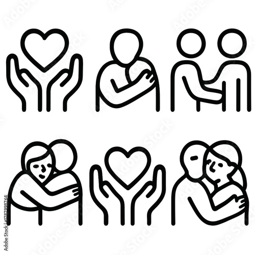 Heartfelt Connection Icons. Emotional Togetherness linear icon set: heart hands, comforting hug, empathy gesture, shared warmth, peaceful moment, connected souls.