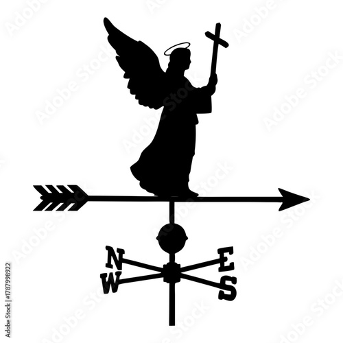 Christmas angel weather vane silhouette with directional arrows and cross, transparent background, isolated, vector