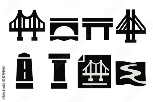 Brutalist Bridge Icons. Architectural Bridges silhouette icon set: suspension bridge, arch bridge, beam bridge, cable-stayed bridge, tower, pillar, blueprint, river.