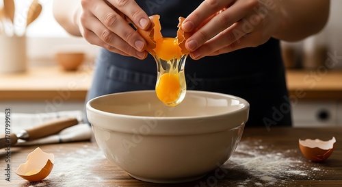 Close-up captures of hands cracking an egg into a bowl for baking
