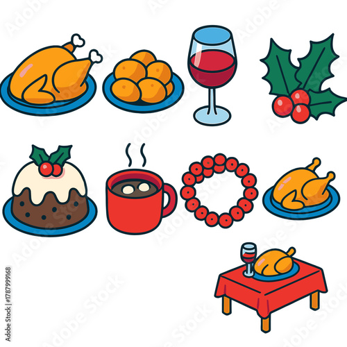 Festive Winter Feast Icons. Traditional Winter Feasts modern flat icons set: golden turkey, roasted potatoes, red wine glass, winter greens, dessert pudding, hot chocolate cup,