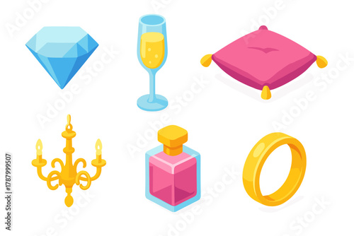 Elegant Icons Collection. Elegant Living modern flat icons set: diamond, champagne glass, silk pillow, chandelier, perfume bottle, gold ring.