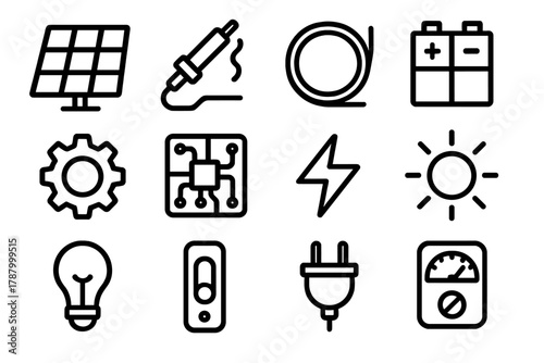 Solar Energy Icons. Solar Innovation Icons linear icon set: solar cell, soldering tool, wire, battery pack, gear, circuit board, energy bolt, sun, light bulb, switch, plug, meter.