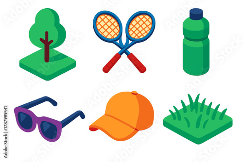 Vibrant Recreation Icons. Recreational Game modern flat icons set: park, racket pair, water bottle, sunglasses, hat, grass.