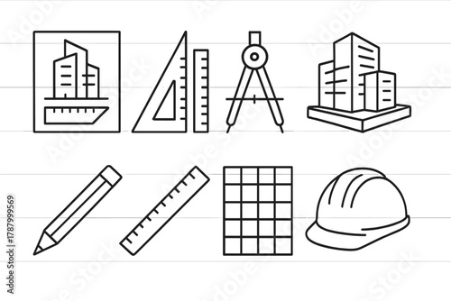 Architectural Tools Blueprint. Modern Architecture linear icon set: blueprint, ruler, compass, model building, pencil, scale, grid, hard hat.