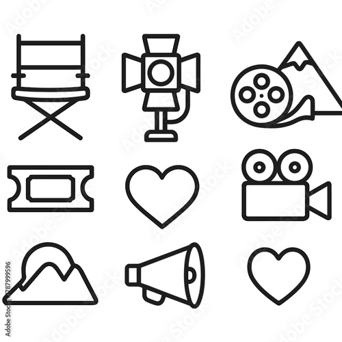 Film Festival Icons. Independent Film Fest linear icon set: director’s chair, spotlight, film reel, mountain, camera, ticket, heart, megaphone.