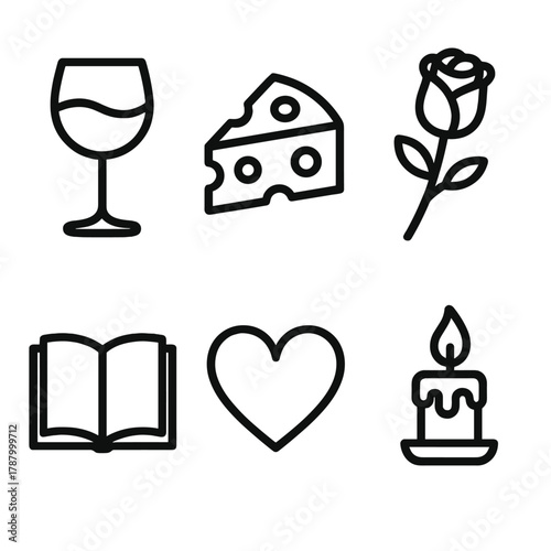 Romantic Picnic Icons. Romantic Picnic linear icon set: wine glass, cheese, rose, book, heart, candle.