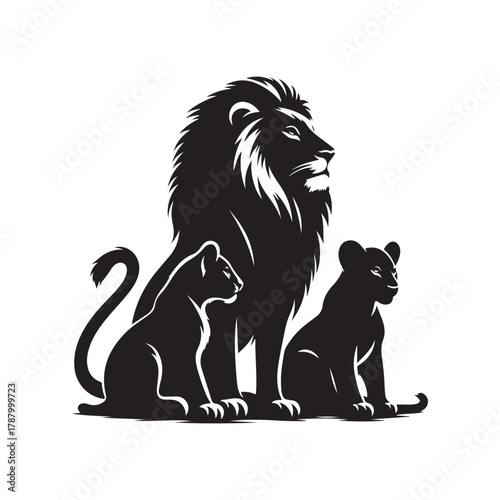 lion and cubs vector silhouette clip art logo design illustration. minimalist lion and cubs icon set collection