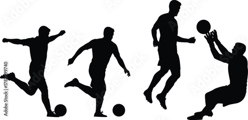 Soccer players and goalkeeper black silhouettes set showing kicking action dribbling and catching the ball isolated vector illustration