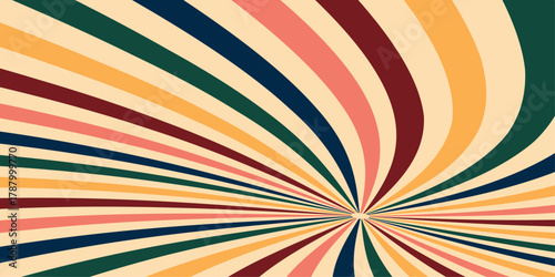 Retro groovy spiral burst background, vintage circus sun rays with grunge paper texture. Psychedelic colorful swirl poster, 70s carnival abstract pattern. Hypnotic sunburst vector illustration.