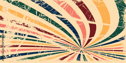 Retro groovy spiral burst background, vintage circus sun rays with grunge paper texture. Psychedelic colorful swirl poster, 70s carnival abstract pattern. Hypnotic sunburst vector illustration.
