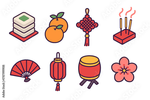 Lunar New Year Icons. Lunar New Year Traditions modern flat icons set: rice cake, oranges, knot ornament, incense, fan, lantern, drum, blossom.