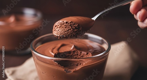Close-up of rich, chocolate mousse in a glass, spoon lifting a portion