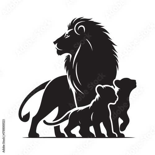 lion and cubs vector silhouette clip art logo design illustration. minimalist lion and cubs icon set collection