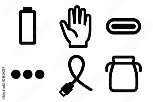 Brutalist Icon Set. Compact Design silhouette icon set: slim battery, hand, USB-C port, indicator dots, cable loop, pouch.