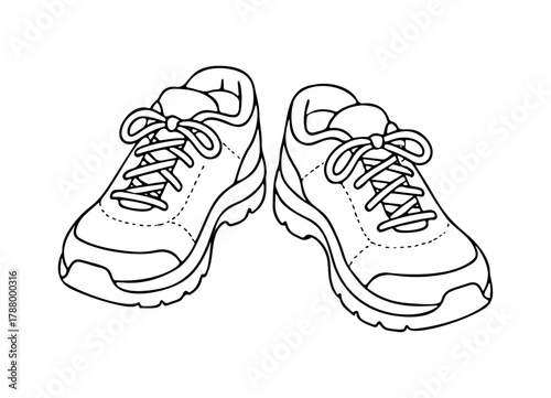 pair of lace up running shoes or athletic sneakers facing forward. Black and white line art Stylized vector outline. for coloring pages, fitness, sports, active lifestyle, and workout design themes.