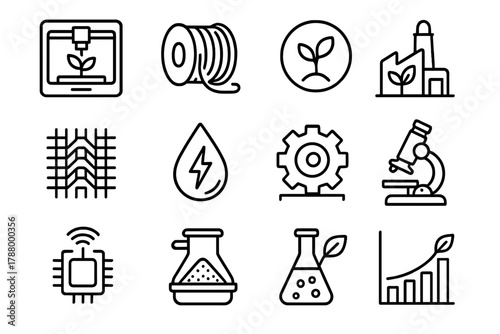 Eco Manufacturing Icons. Eco Manufacturing linear icon set: 3D printer, fiber roll, plant polymer, woven fabric, resin droplet, renewable energy bolt, smart sensor, bio factory,