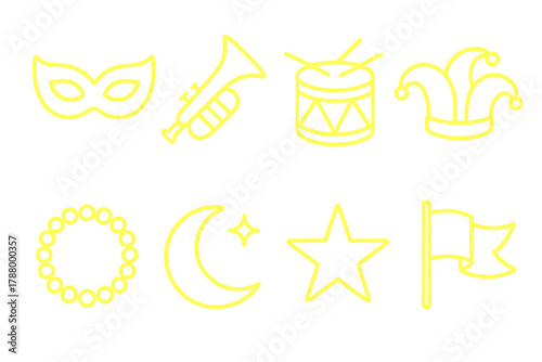 Mardi Gras Icons. Mardi Gras Festival Night linear icon set: glowing mask, trumpet, drum, jester hat, beads, moon, star, flag.